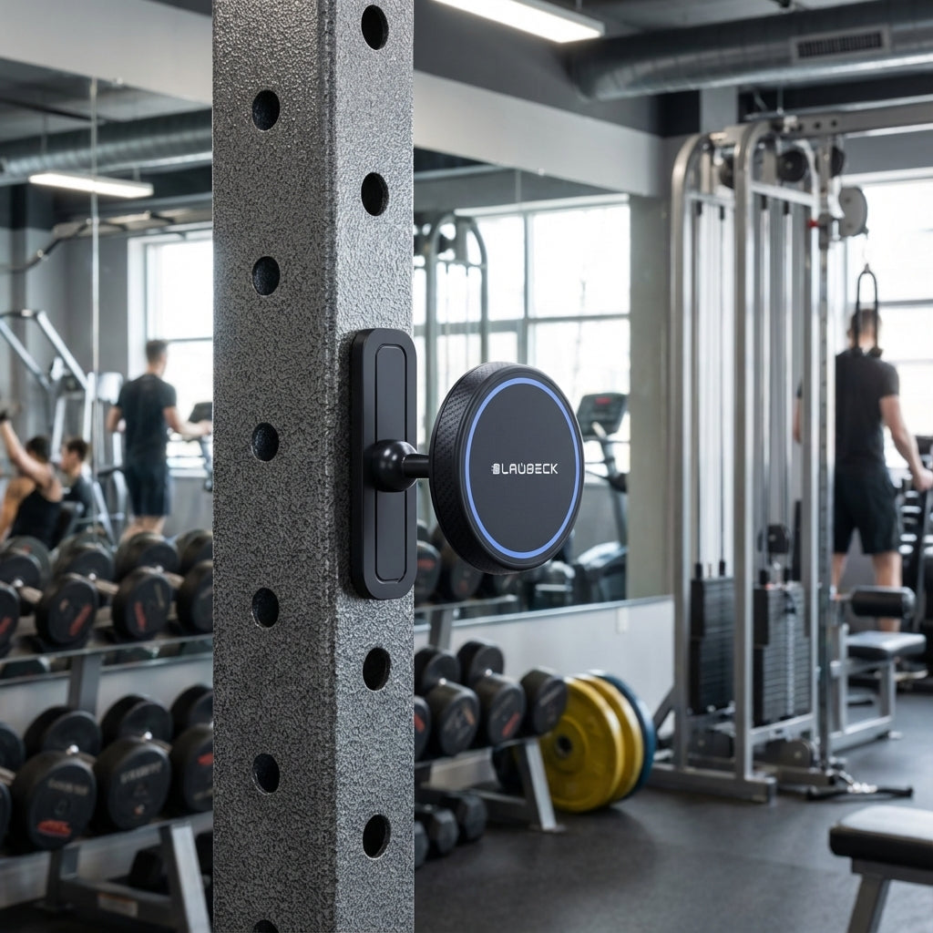 Magnetic phone holder on a phone rack inside a gym