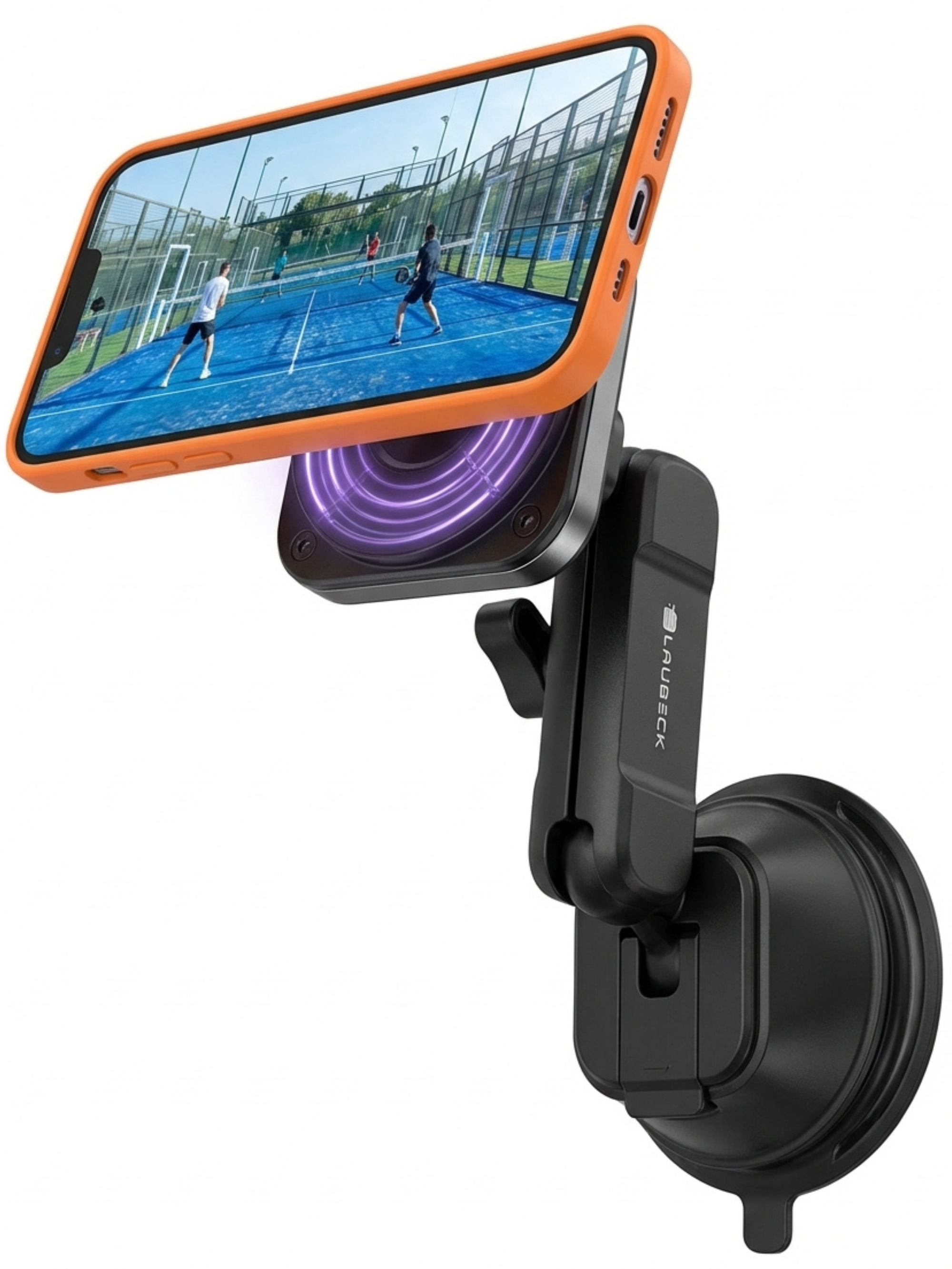 Phone holder with smartphone displaying a tennis match on a white background