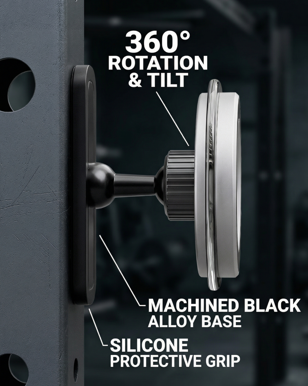 Side view of BLAUBECK carbon fiber gym phone holder, 360 degree rotation, machined alloy base with silicone grip