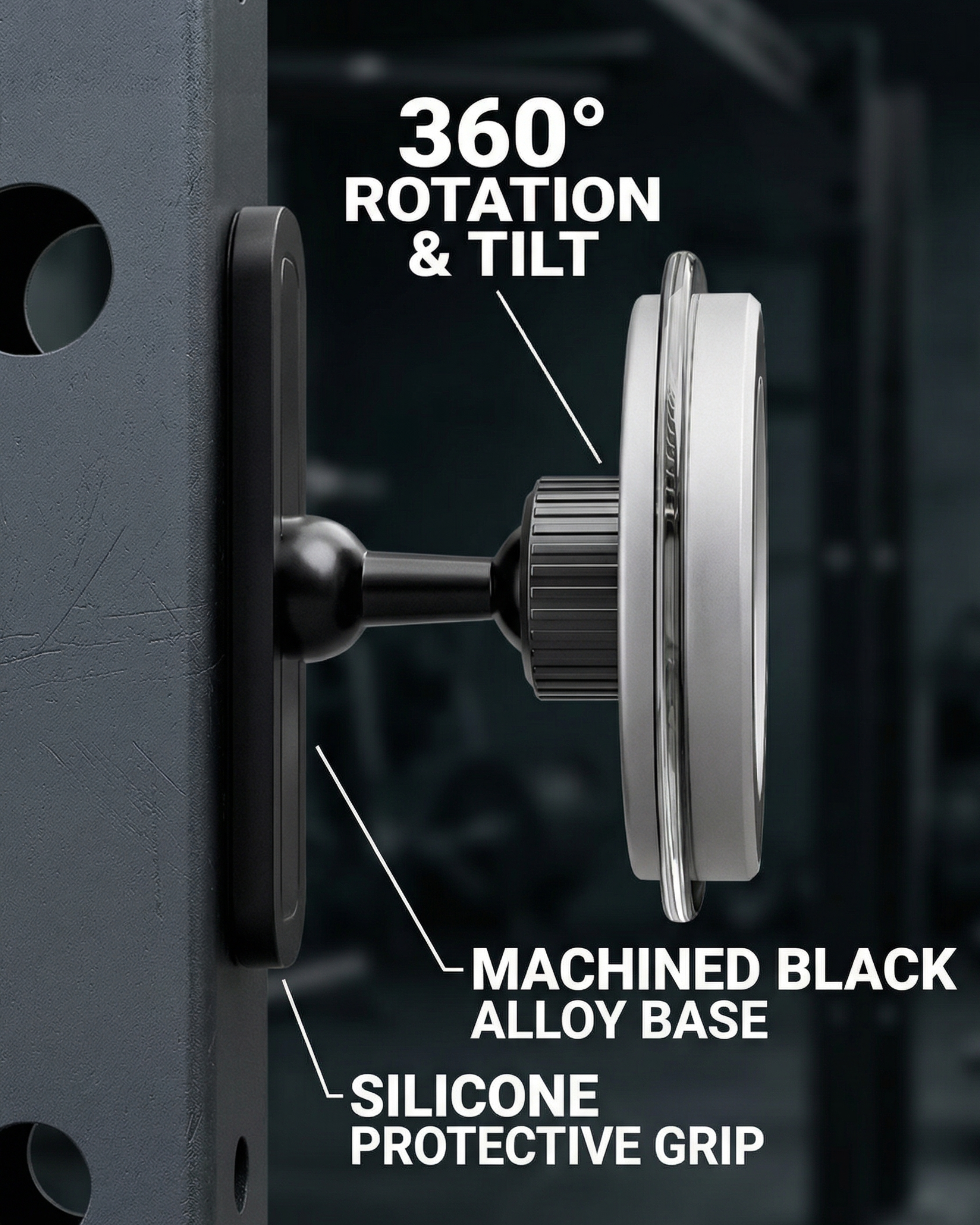 Side view of BLAUBECK carbon fiber gym phone holder, 360 degree rotation, machined alloy base with silicone grip