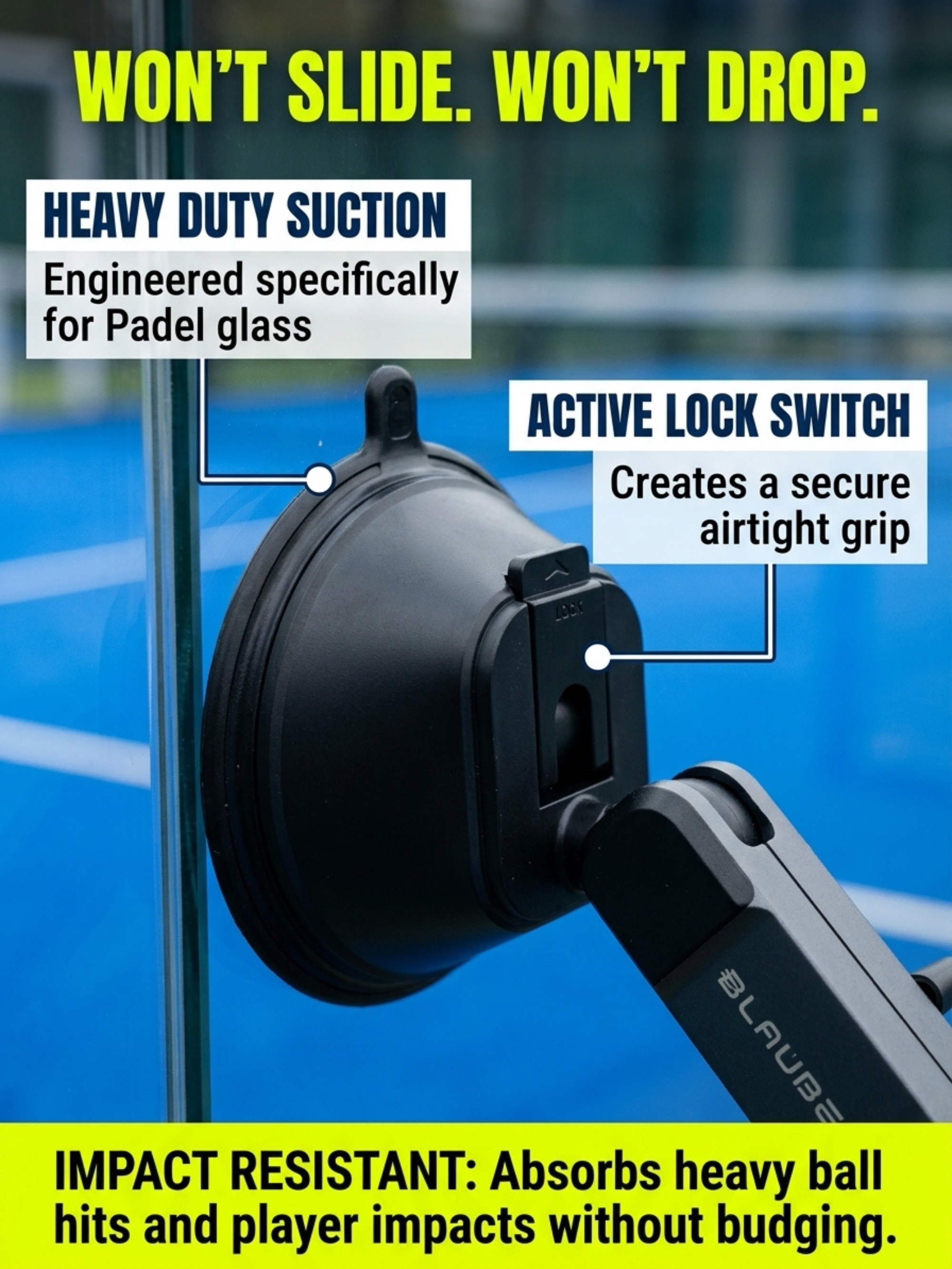 Suction cup with features highlighted on a padel glass background