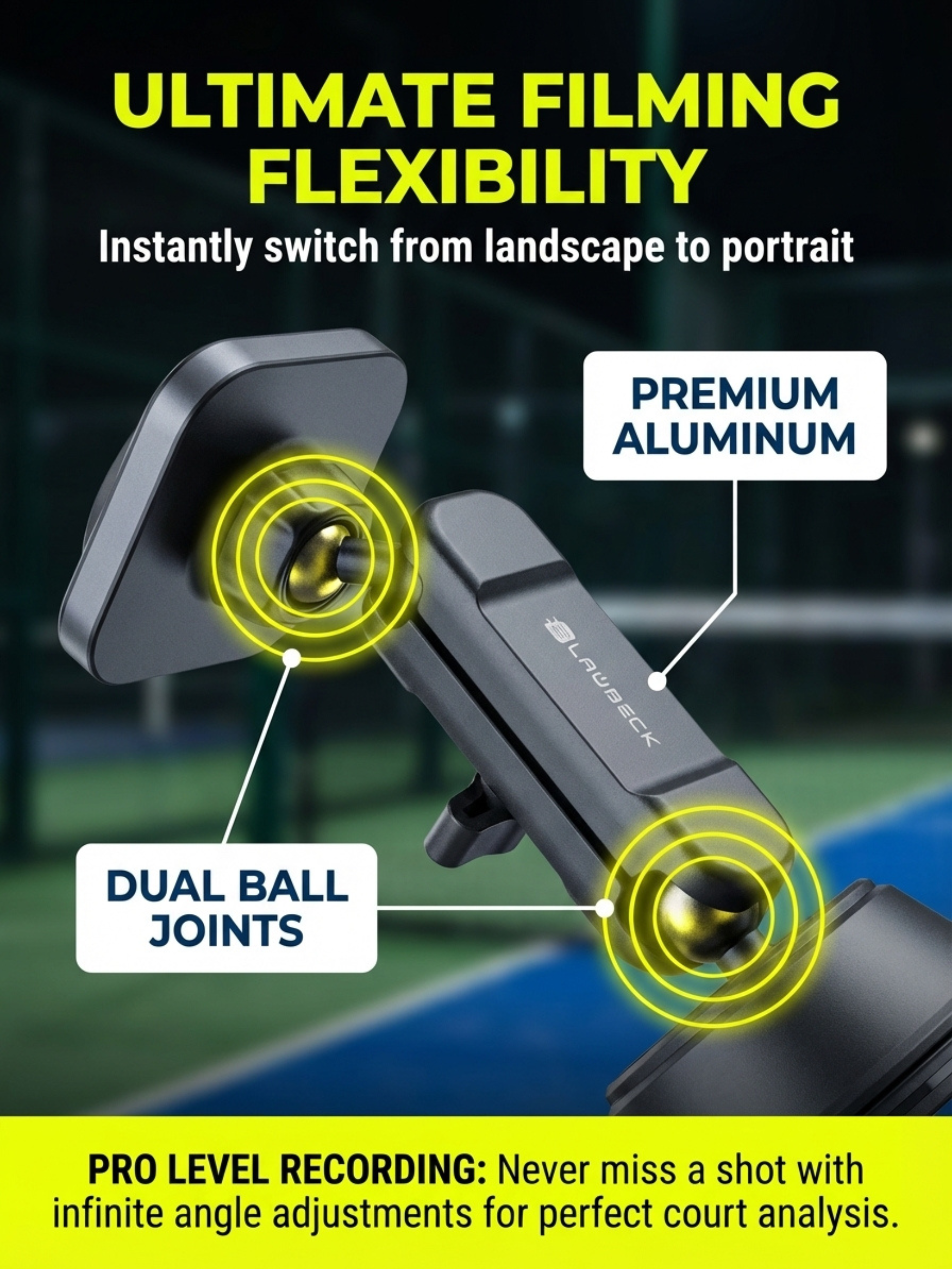 Phone holder with dual ball joints and premium aluminum construction on a sports field background.