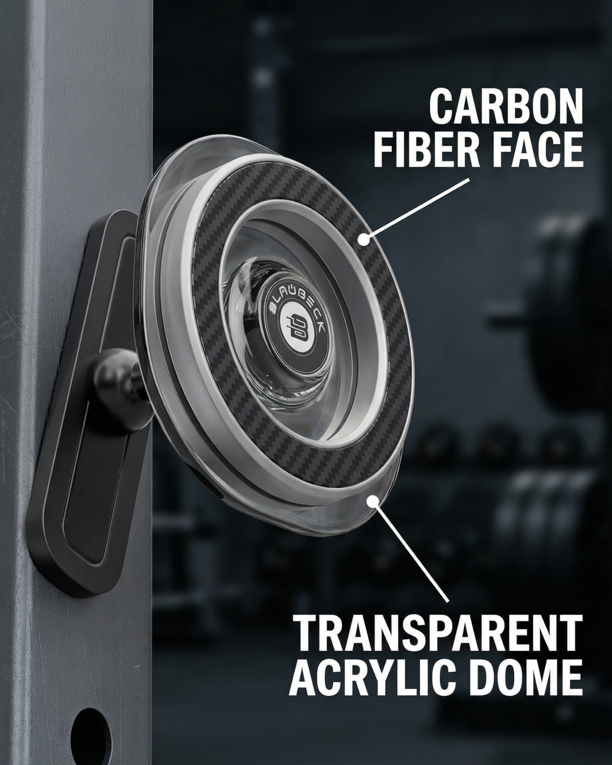 Close-up of the BLAUBECK gym mount carbon fiber face under a transparent acrylic dome, attached to a power rack