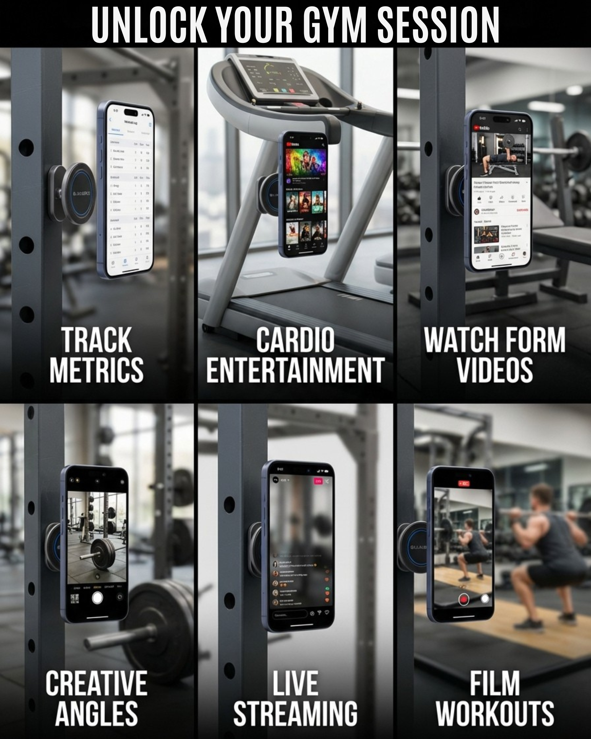 All-Metal Magnetic Gym Phone Holder for MagSafe and Android | Industrial N54 Magnets | Rock-Solid Mount for Squat Racks & Metal Gym Equipment | 360° Adjustable | Includes Metal Ring