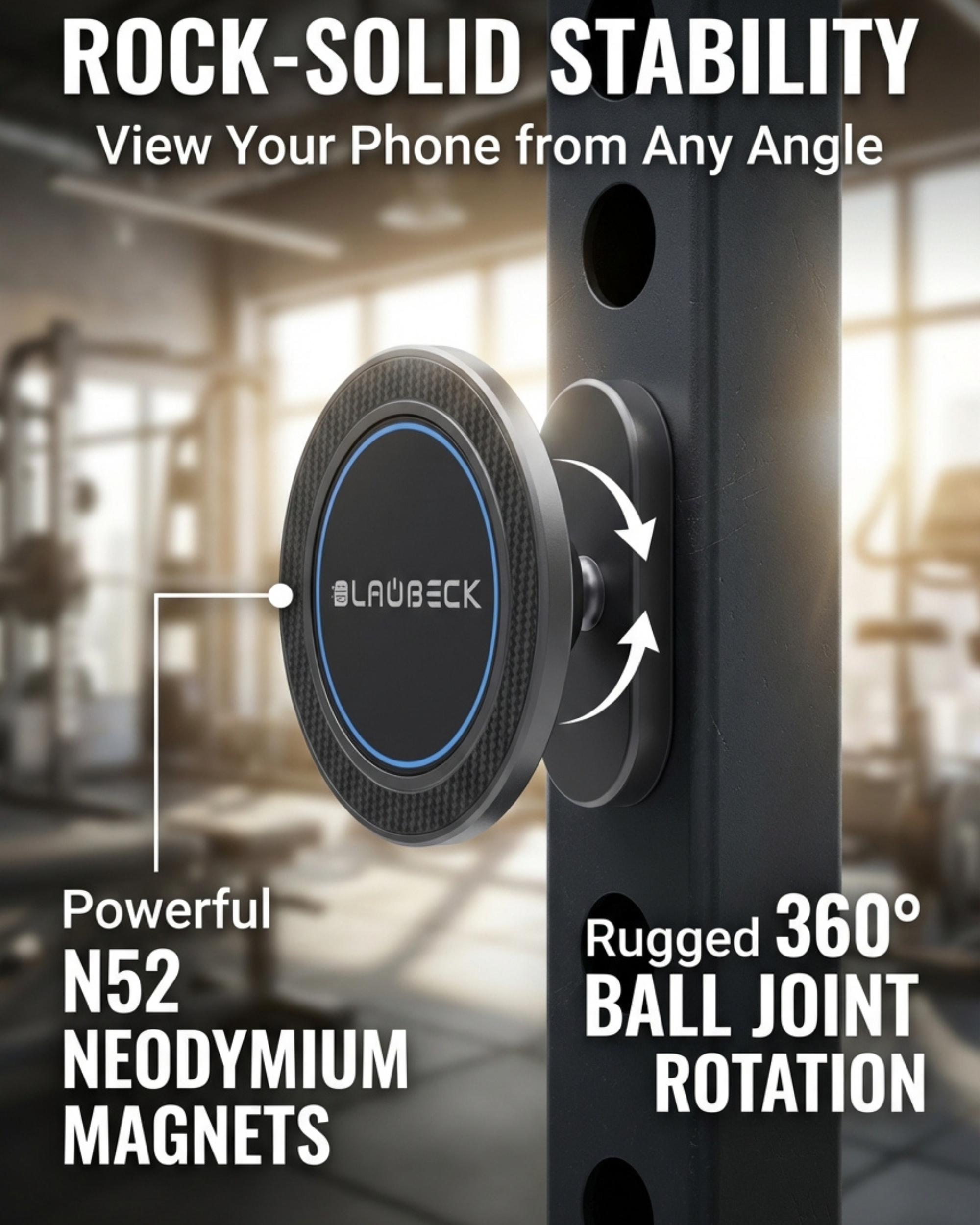 All-Metal Magnetic Gym Phone Holder for MagSafe and Android | Industrial N54 Magnets | Rock-Solid Mount for Squat Racks & Metal Gym Equipment | 360° Adjustable | Includes Metal Ring