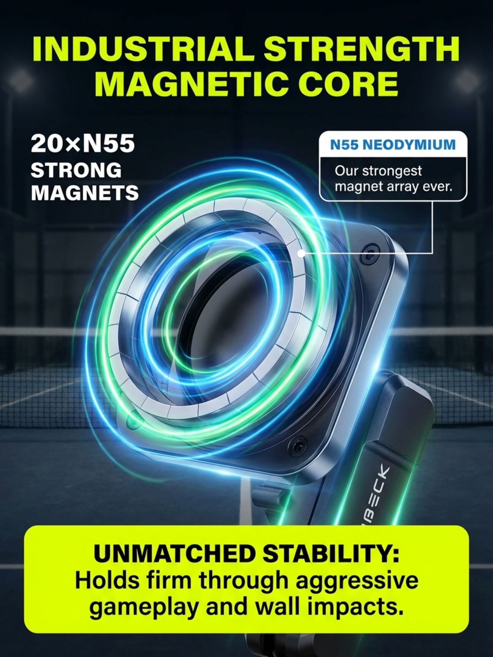 Padel Phone Holder for Glass Courts – MagSafe Compatible with Double Suction Cup & Aluminum Arm