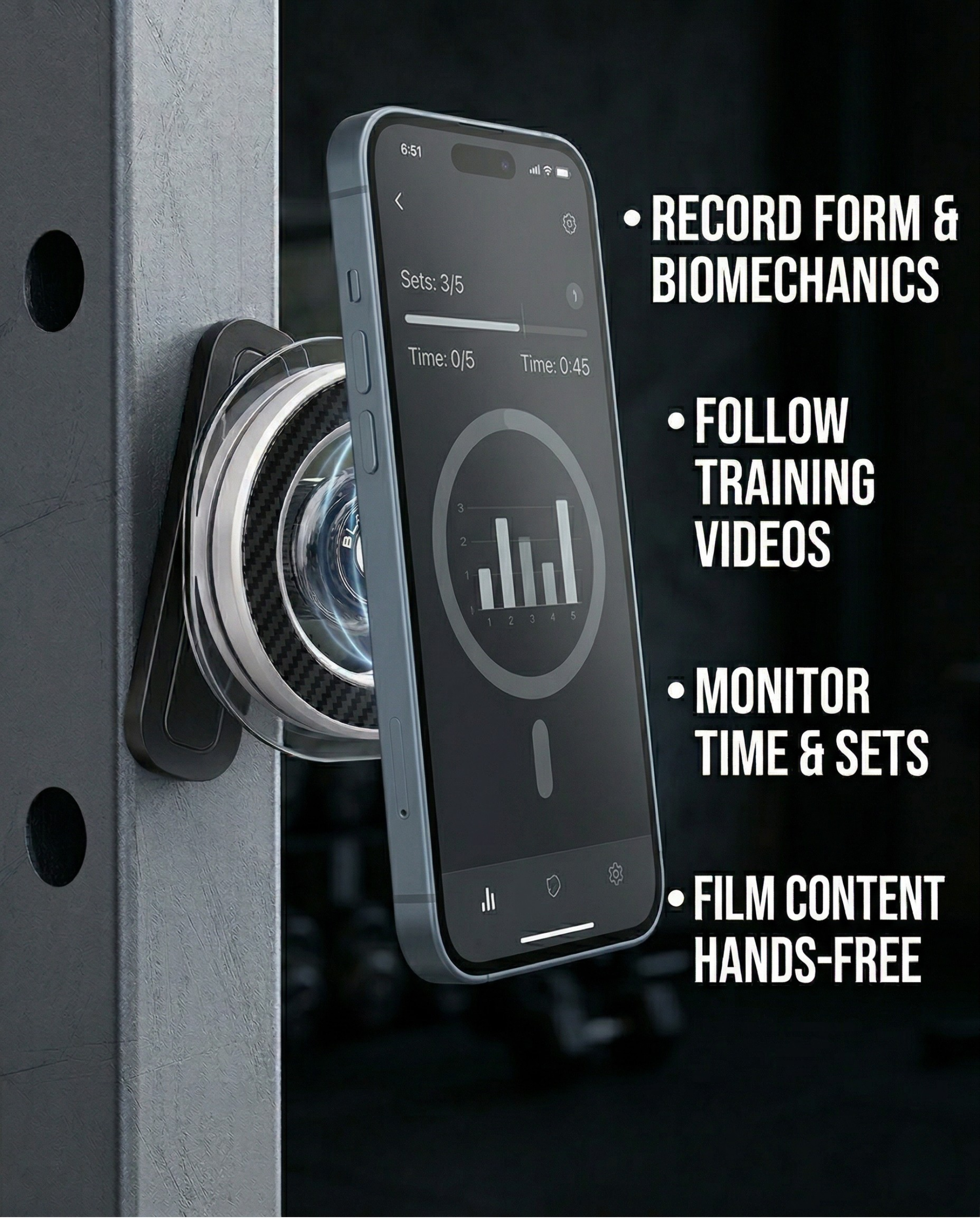 Phone on BLAUBECK carbon fiber gym holder during a workout, recording form and showing training videos and set timer