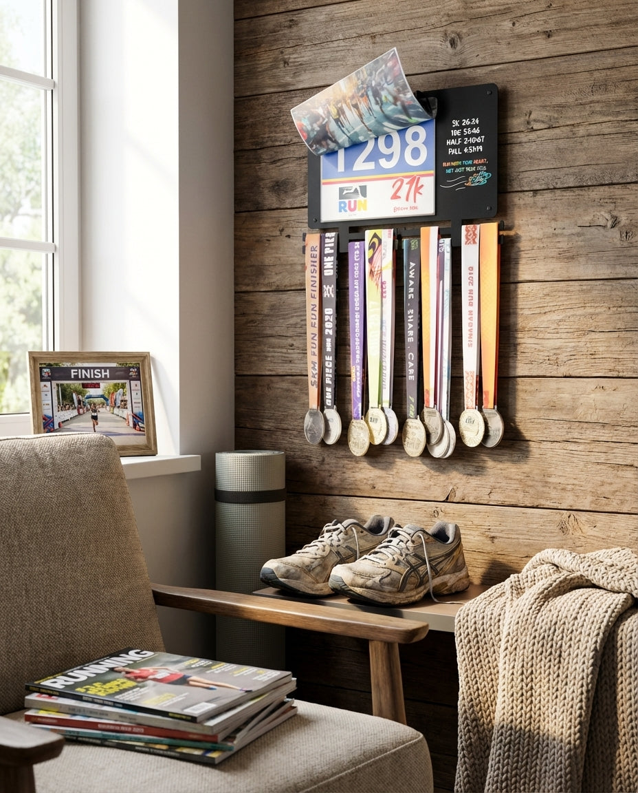 Running Medal Hanger & Bib Display Board with Chalkboard | BLAUBECK Wall Holder