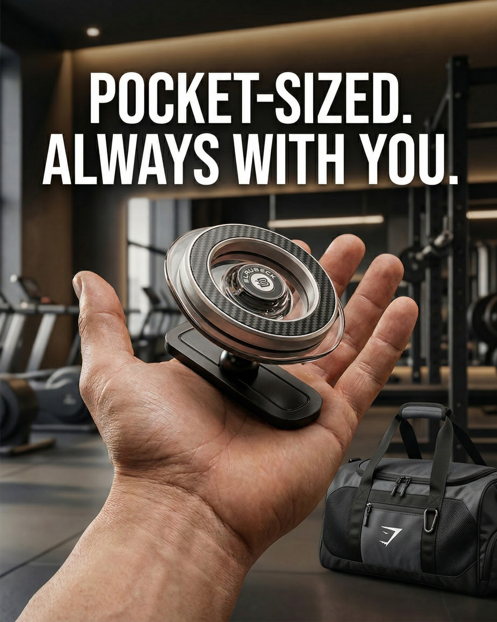 Pocket-sized BLAUBECK carbon fiber gym phone holder resting in an open hand inside a gym, gym bag in the background