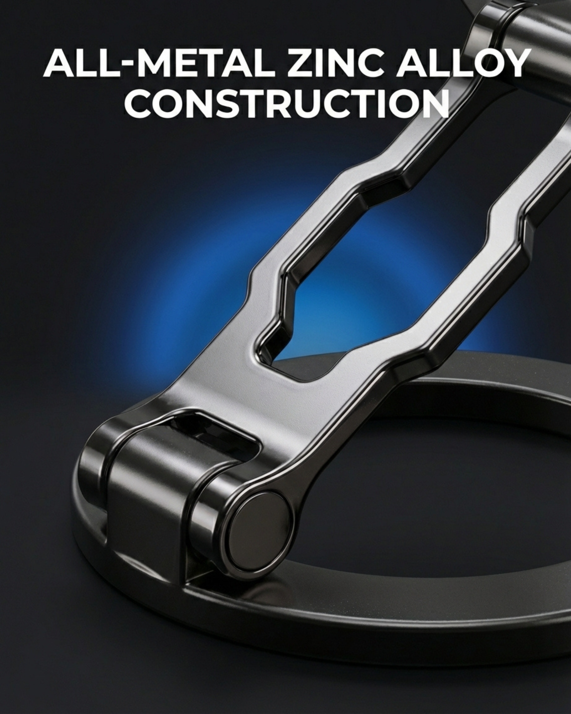 Metallic carabiner with 'All-Metal Zinc Alloy Construction' text on a dark background