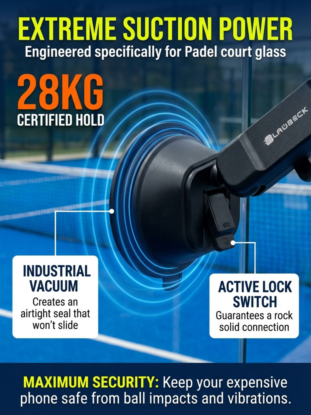 Phone holder with suction cup on a padel court glass, highlighting features and benefits.