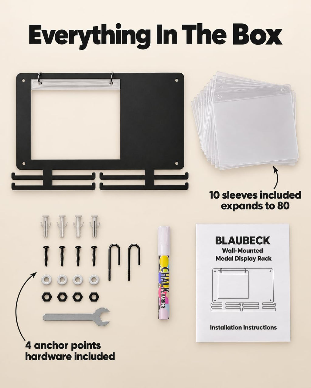 Everything in the box: metal rack, 10 bib sleeves, chalk marker, wall hardware with 4 anchor points and instructions