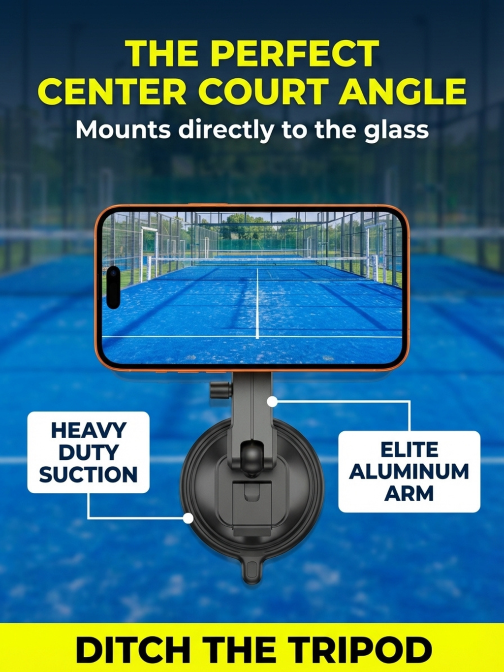BLAUBECK padel phone holder suction-mounted to a glass court for the perfect center-court playing angle, no tripod needed