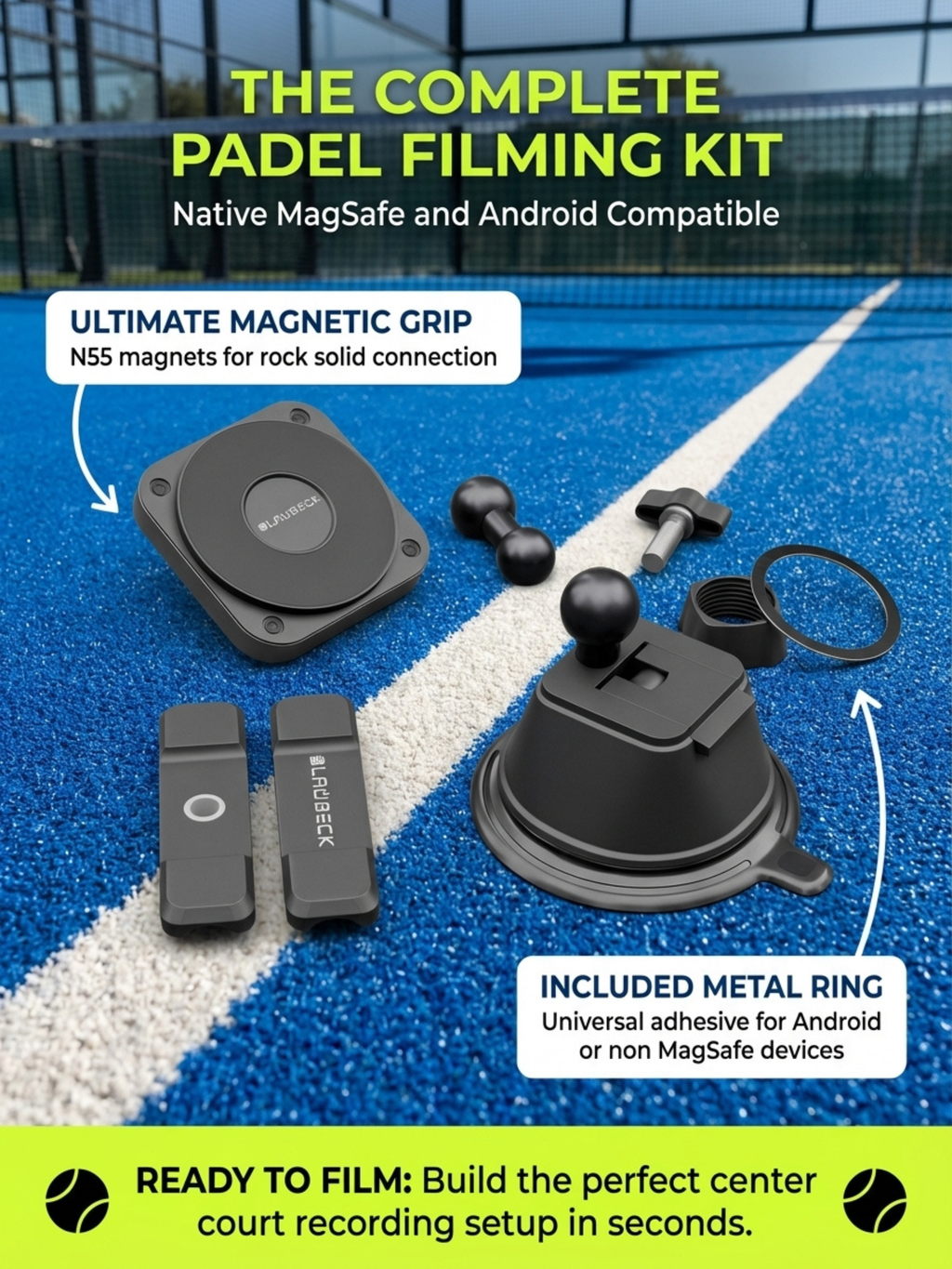 Padel filming kit with magnetic grip and metal ring on a blue court background