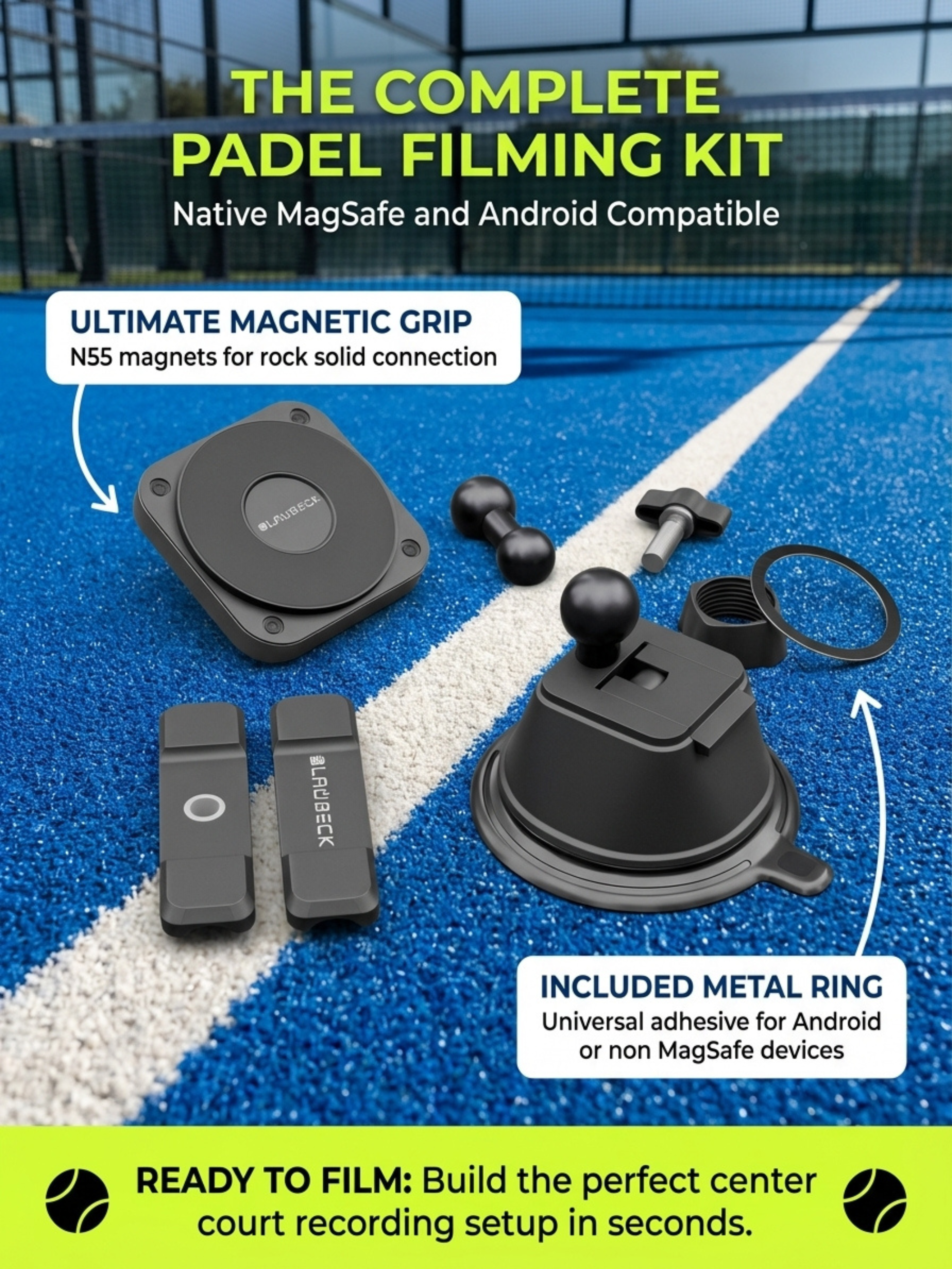 Padel filming kit with magnetic grip and metal ring on a blue court background