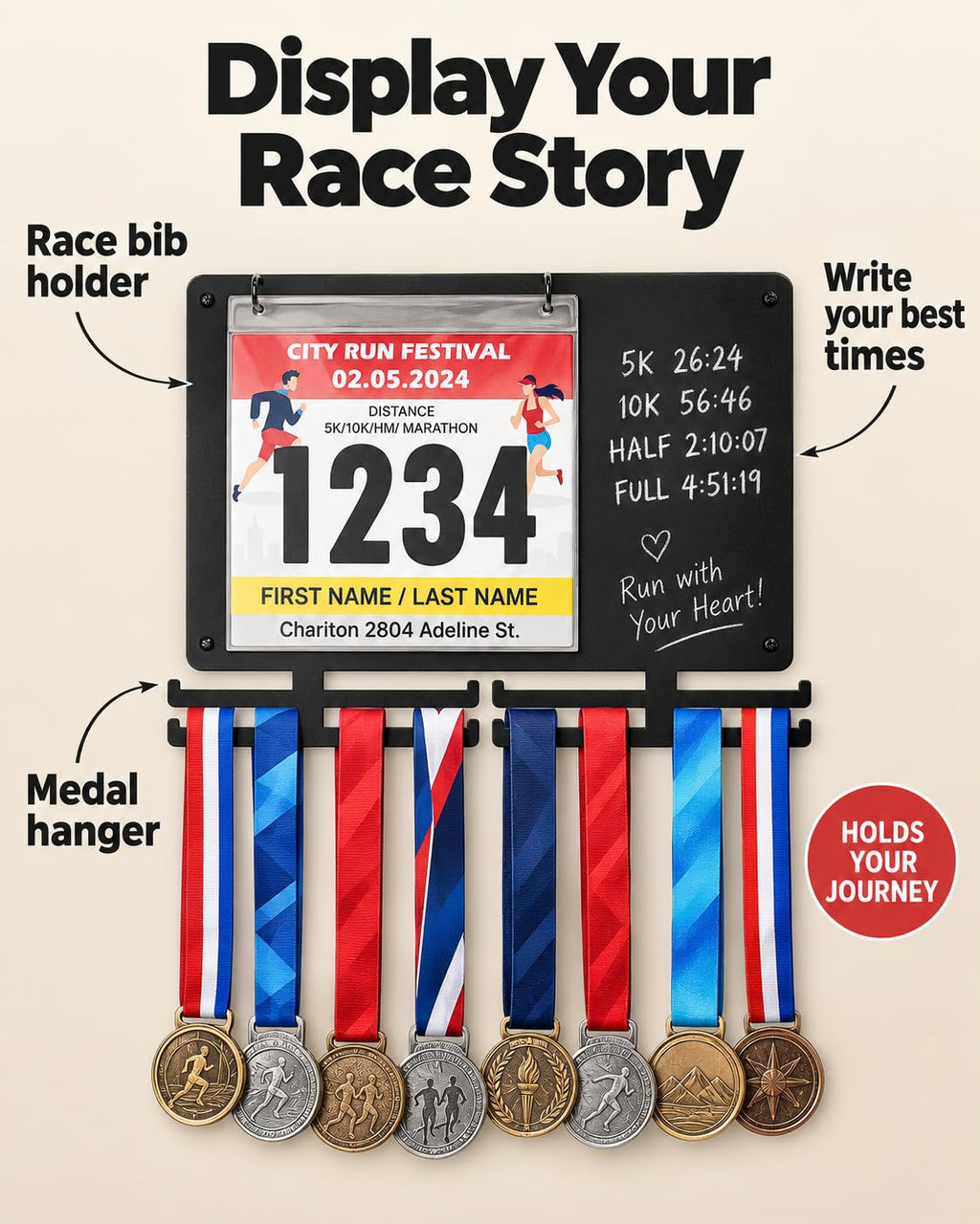 Display Your Race Story: race bib holder, chalkboard for best times and medal hanger in one wall rack
