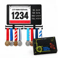 BLAUBECK running medal hanger with race bib holder and personal best chalkboard, shown with medals and retail box