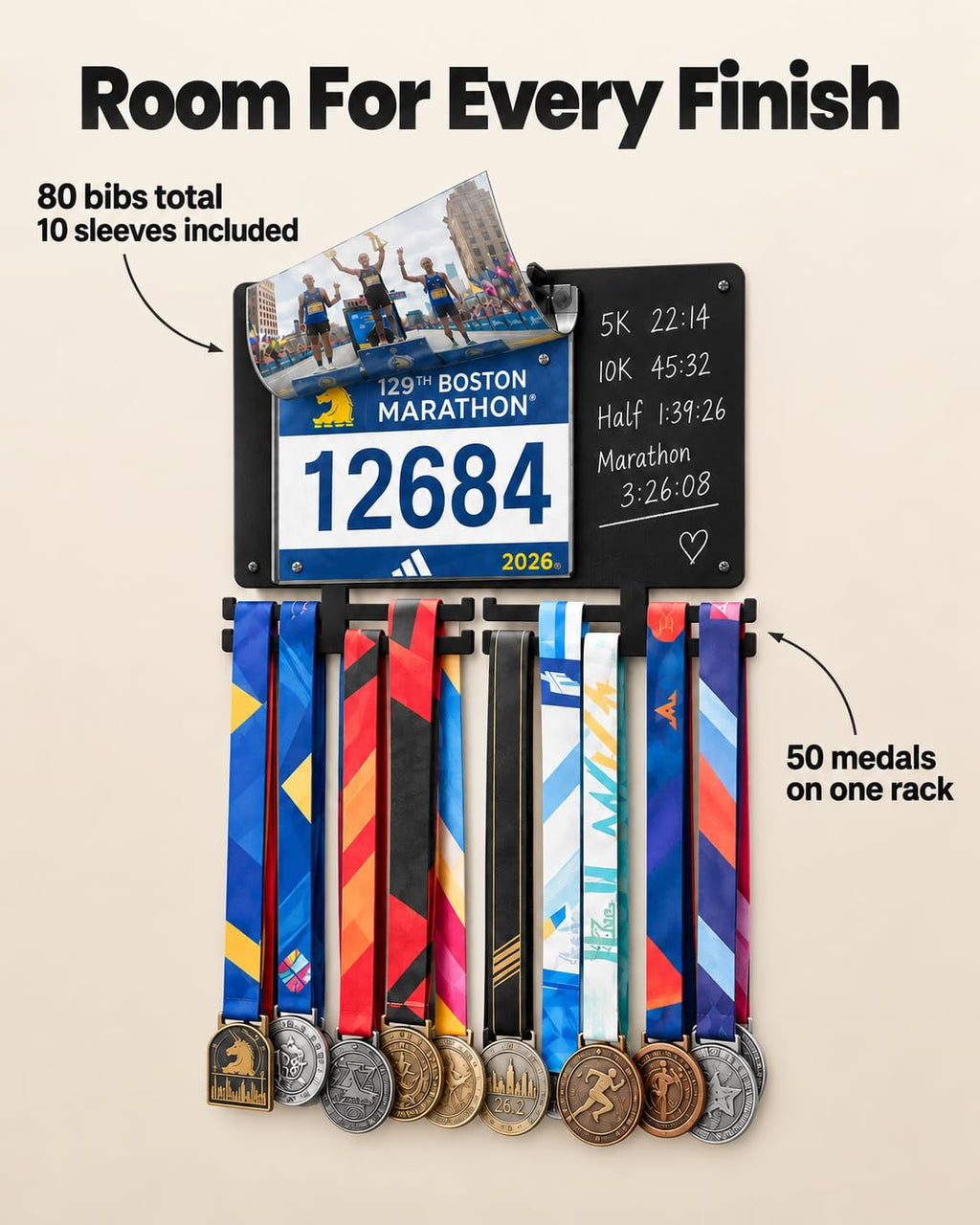 Room for every finish: 50 medals on one rack and 80 bibs total with 10 sleeves included