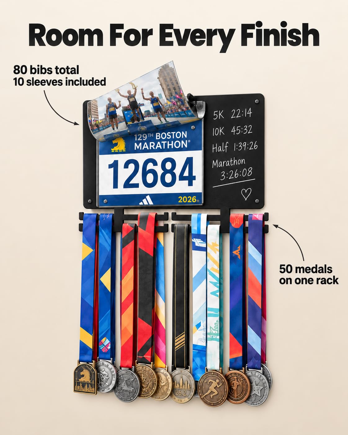 Room for every finish: 50 medals on one rack and 80 bibs total with 10 sleeves included