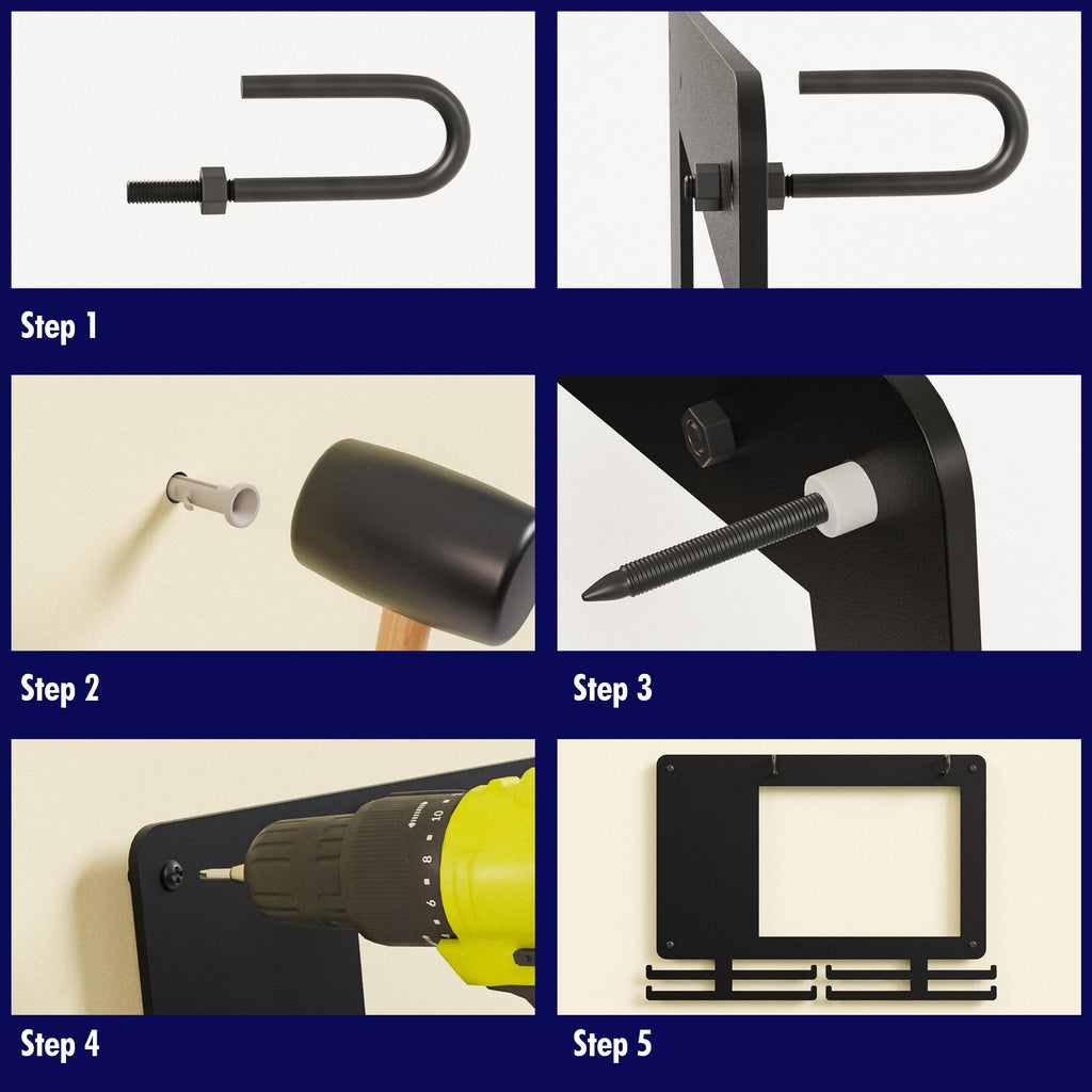Five step wall installation guide for the BLAUBECK medal hanger using U-bolts, anchors and spacers