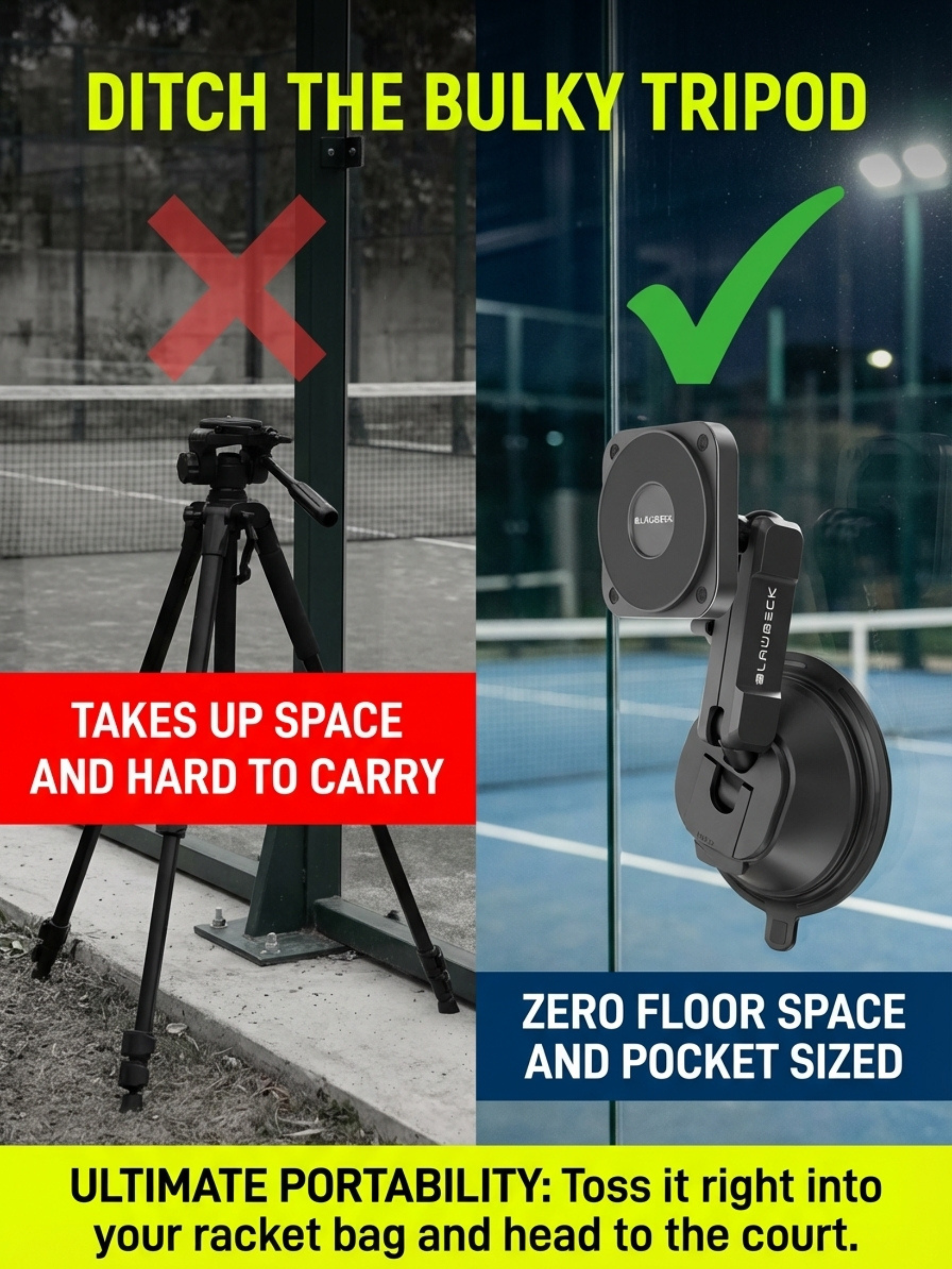 Bulky court tripod compared to the pocket-sized BLAUBECK padel phone holder that fits in a racket bag