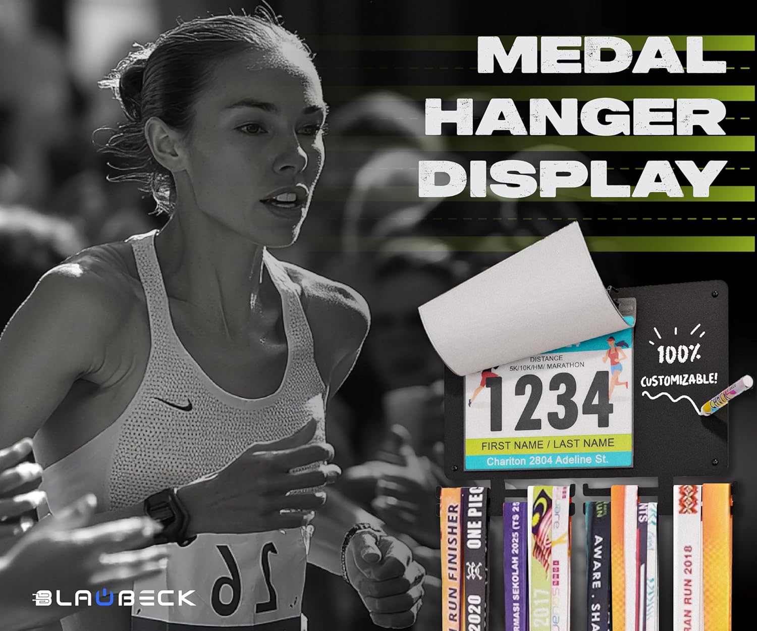 Medal Hanger Display for Runners, Marathon Medal Holder Display Wall Hanger and Race Bib Boards Holder with Chalkboard Marker - Holds up to 50 Medals, 40 Race Bibs
