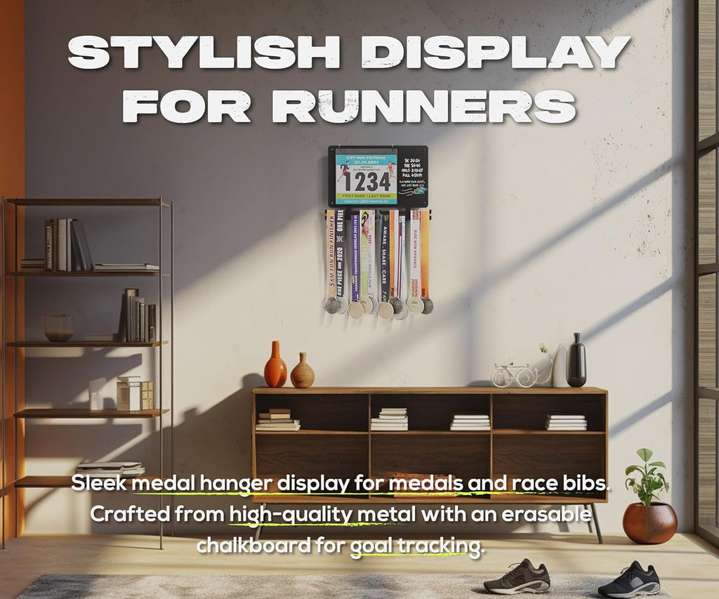Medal Hanger Display for Runners, Marathon Medal Holder Display Wall Hanger and Race Bib Boards Holder with Chalkboard Marker - Holds up to 50 Medals, 40 Race Bibs