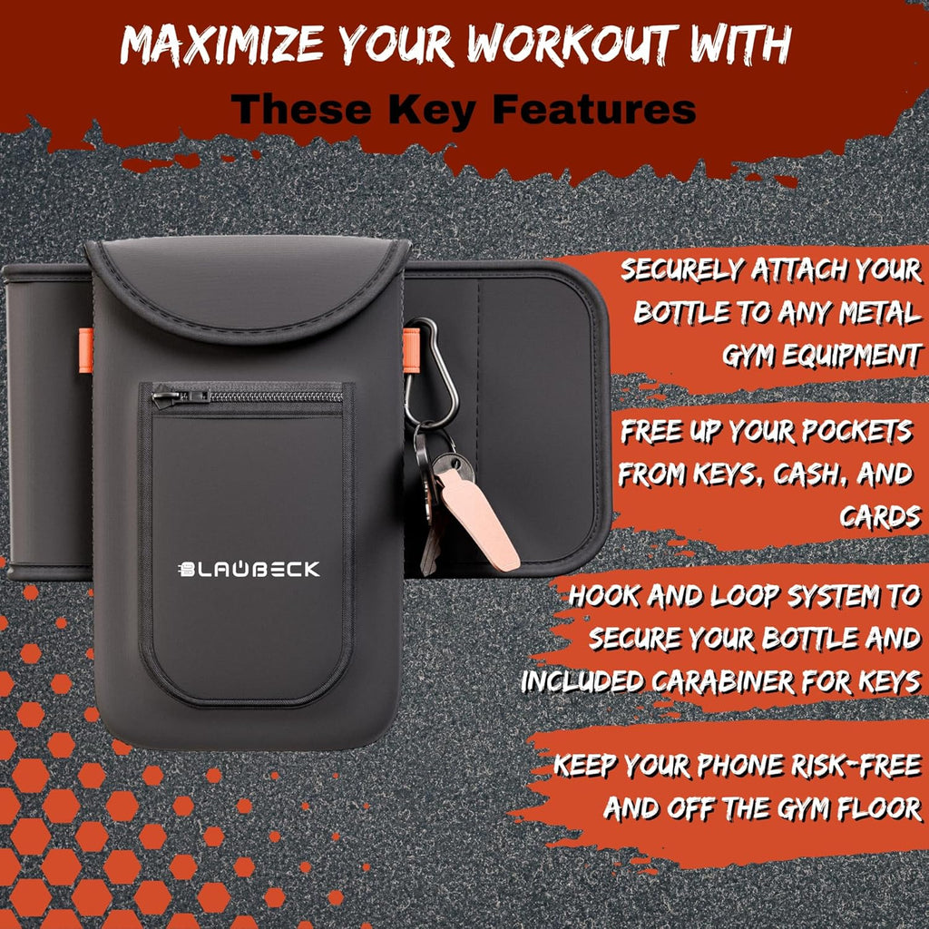 Magnetic Water Bottle Sleeve Bag and Large Pocket Phone Holder for Gym - Black Pouch with 4 Magnets - Attach it to Any Gym Equipment & Golf Carts - Magnetic Bag Mount for Phones - Gym Essentials