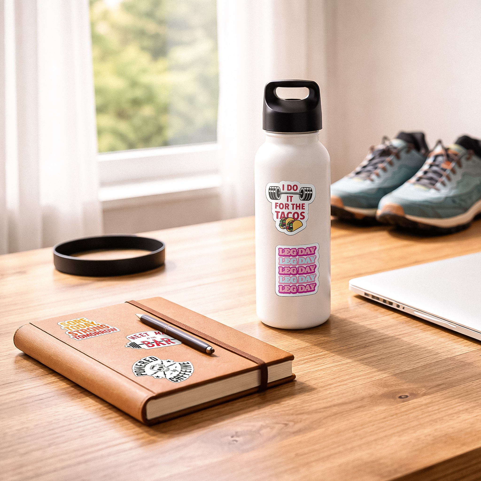 BLAUBECK gym stickers on a water bottle and journal, including I Do It For The Tacos and Leg Day phrases