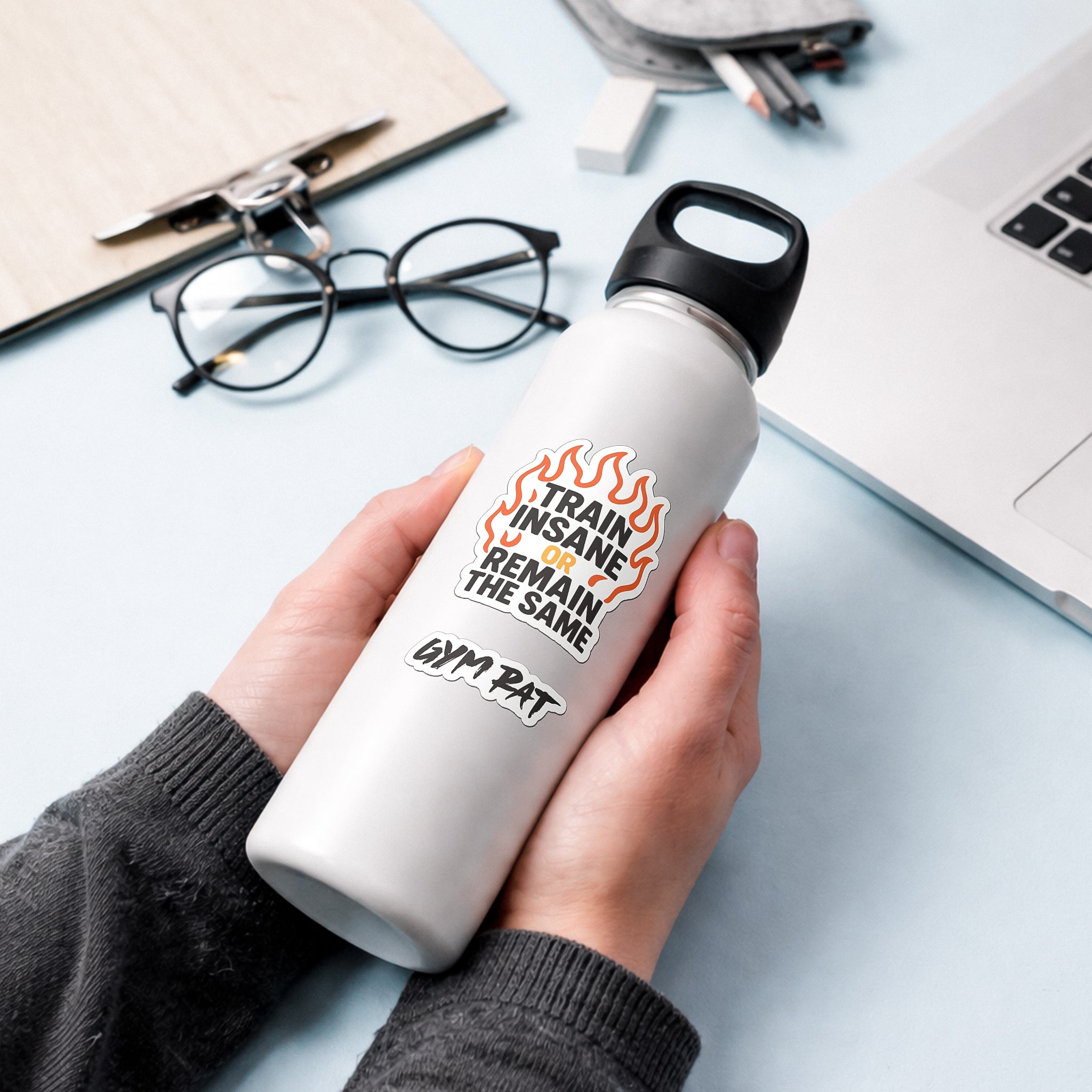 BLAUBECK gym sticker pack: Train Insane or Remain the Same and Gym Rat stickers applied to a white water bottle