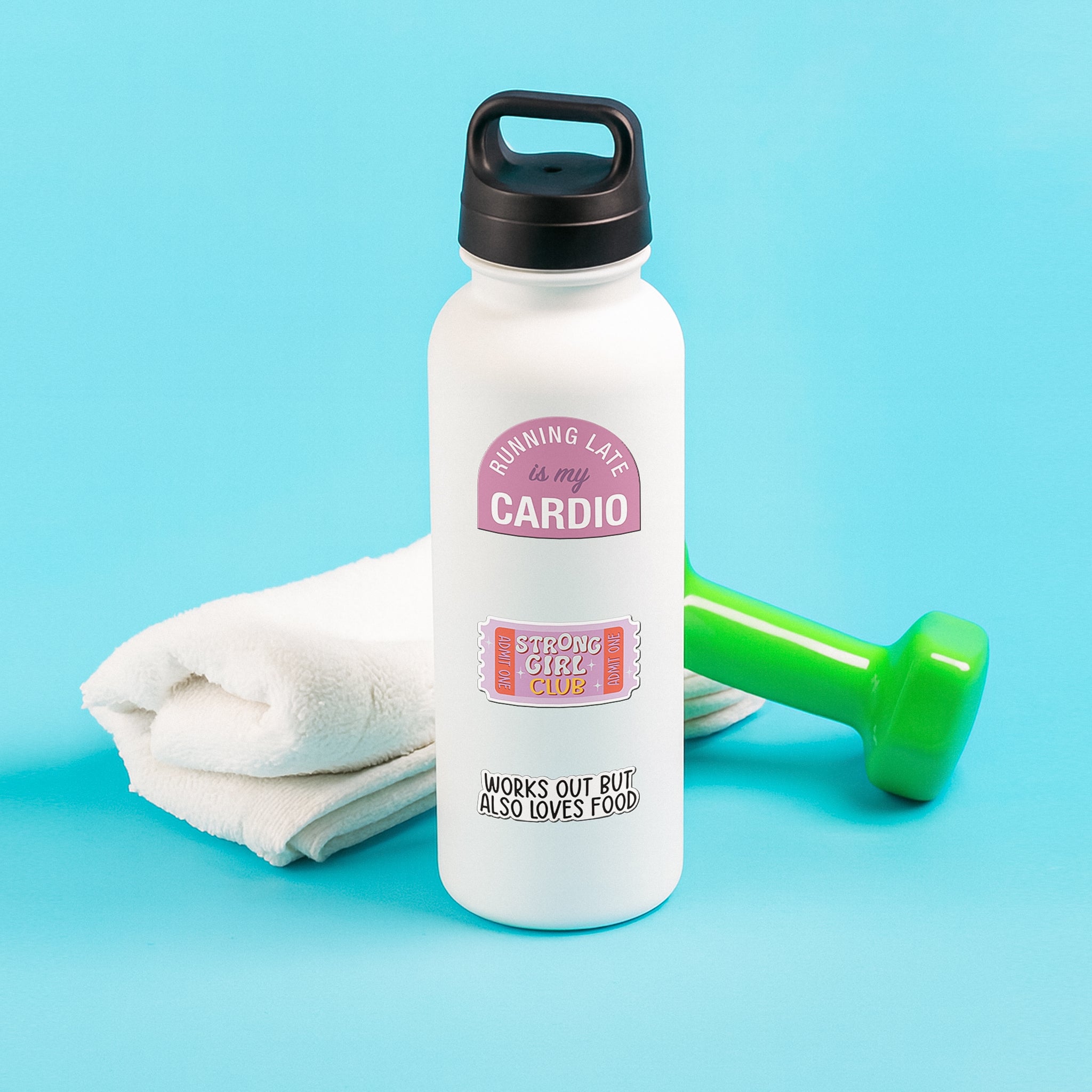 BLAUBECK gym stickers Running Late is My Cardio and Strong Girl Club applied to a white water bottle on blue background
