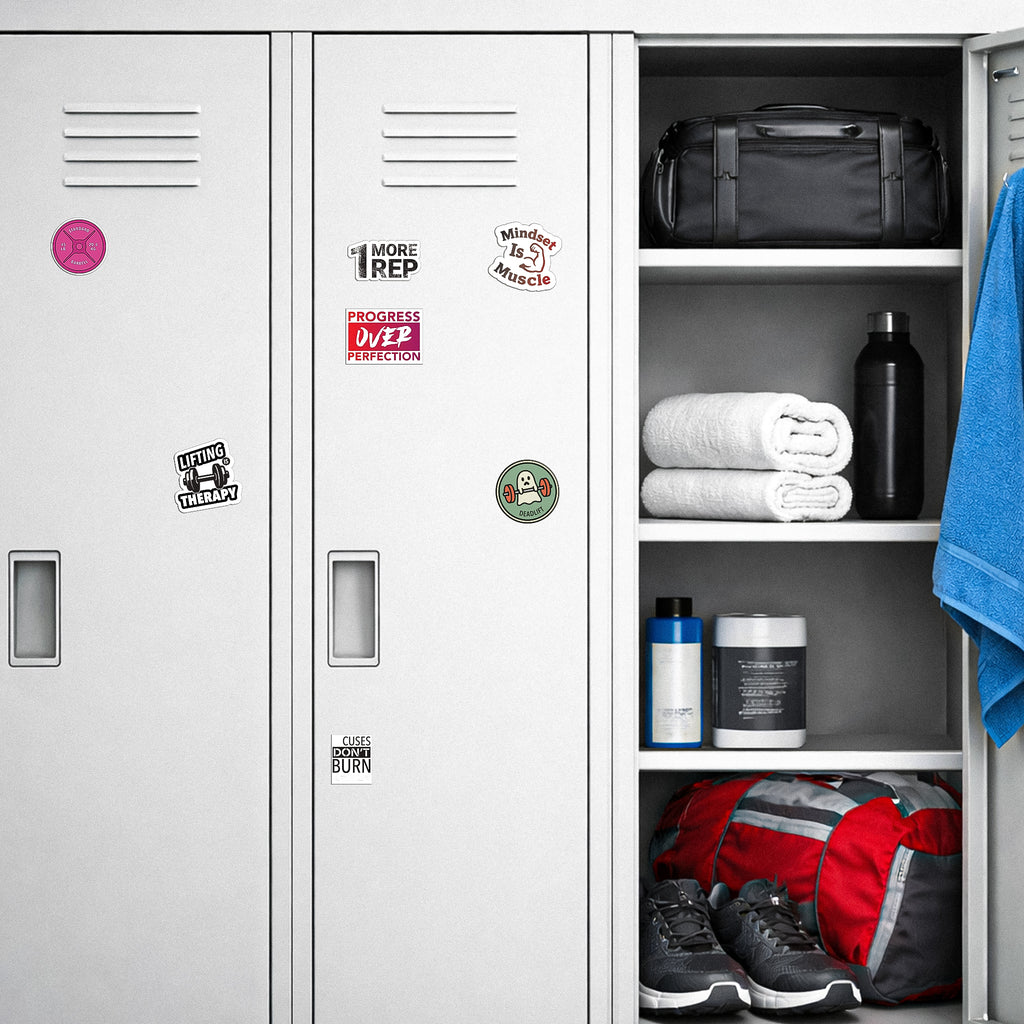 Gym locker decorated with BLAUBECK workout stickers including 1 More Rep, Progress Over Perfection and Lifting Therapy