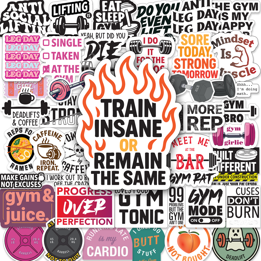 Collection of gym-themed stickers with motivational phrases and graphics.