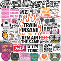 Collection of gym-themed stickers with motivational phrases and graphics.