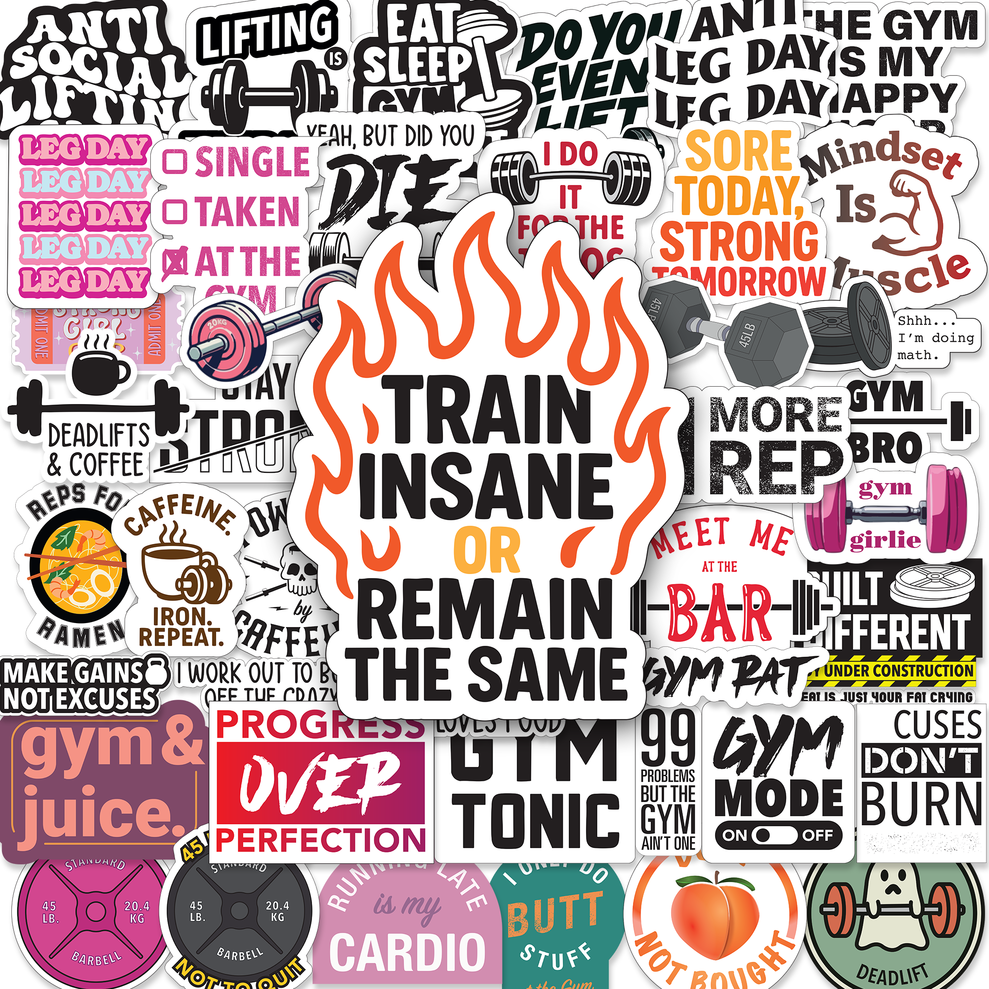 Collection of gym-themed stickers with motivational phrases and graphics.