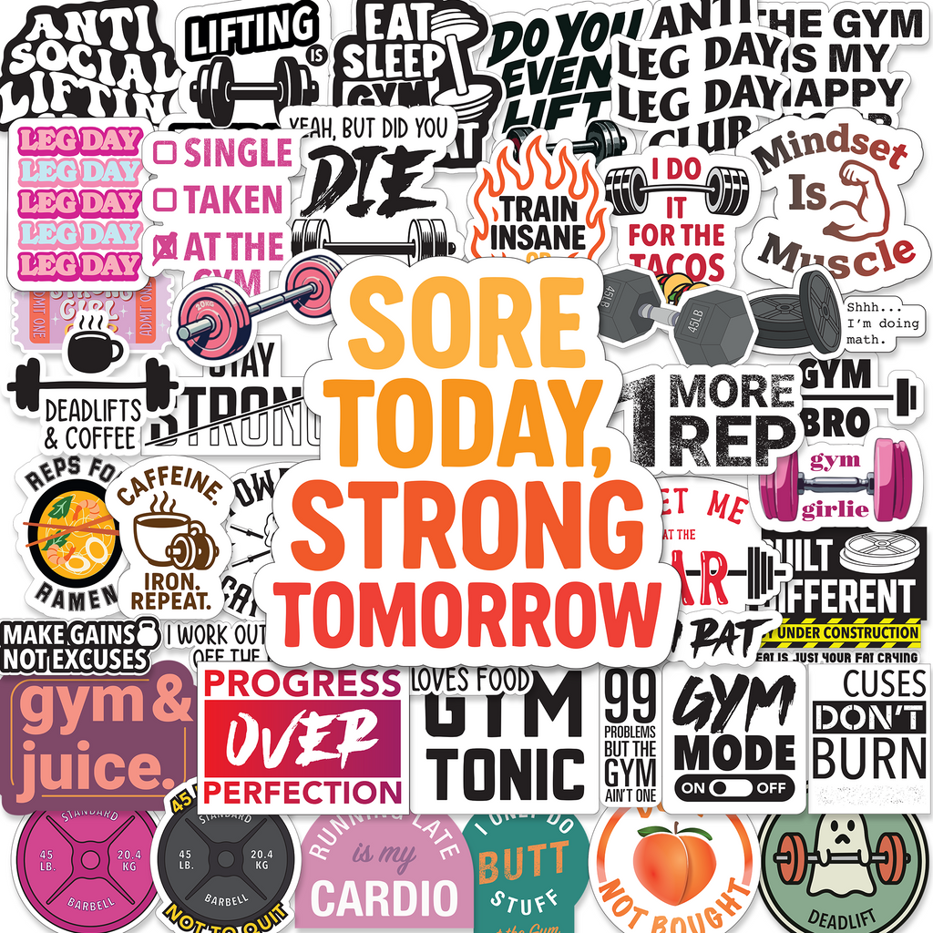 Layered preview of the BLAUBECK 45-pack motivational gym sticker collection with sayings like Sore Today Strong Tomorrow