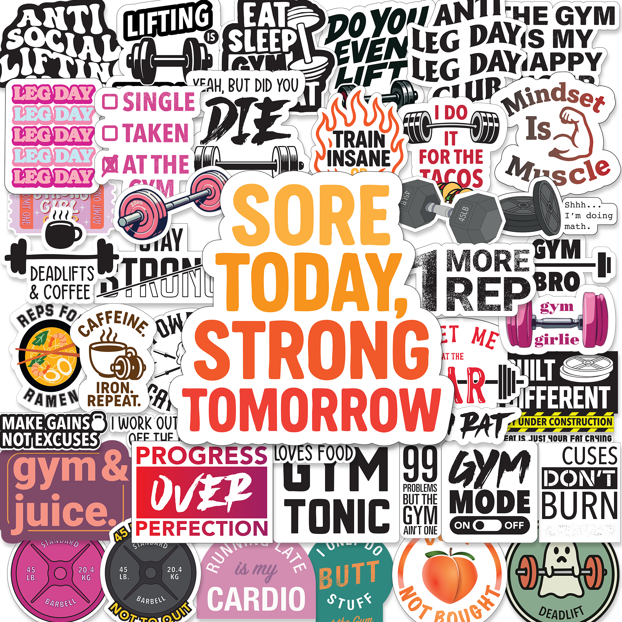 Layered preview of the BLAUBECK 45-pack motivational gym sticker collection with sayings like Sore Today Strong Tomorrow