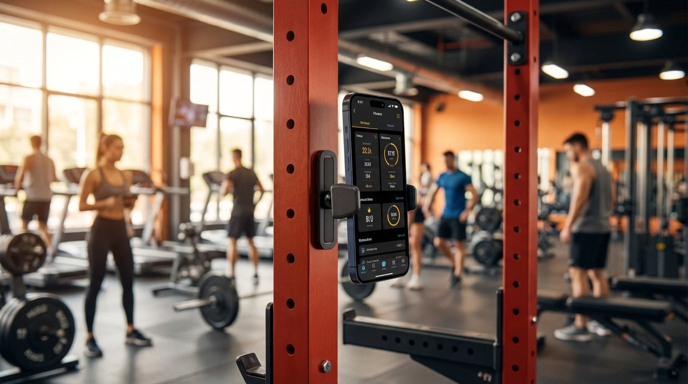 Gym setting with a focus on a weightlifting platform displaying digital interfaces.