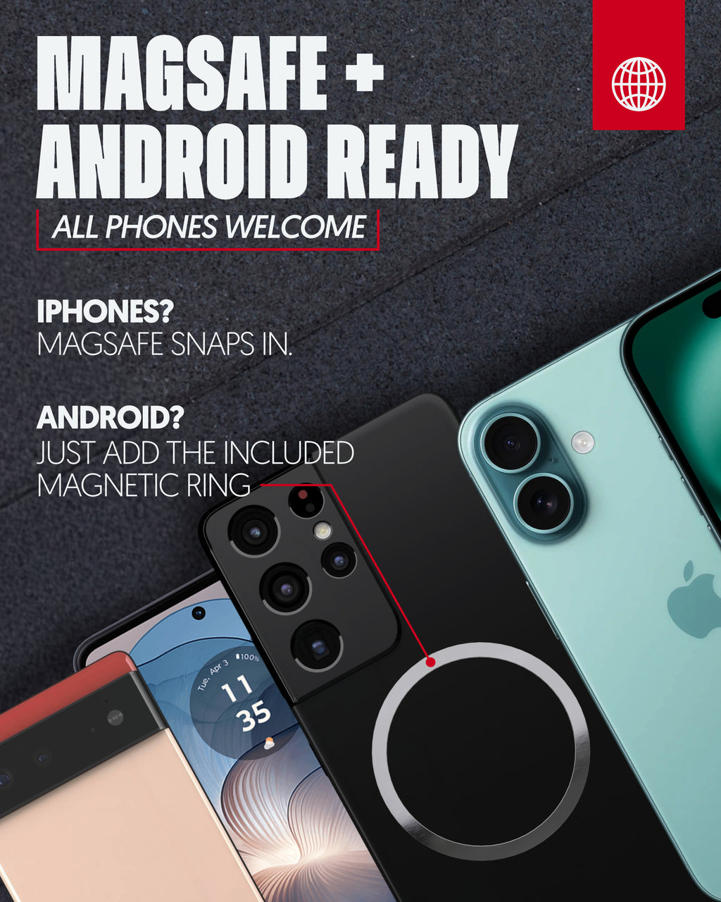 Advertisement for a product that is Magsafe and Android ready, with images of phones and a magnetic ring.