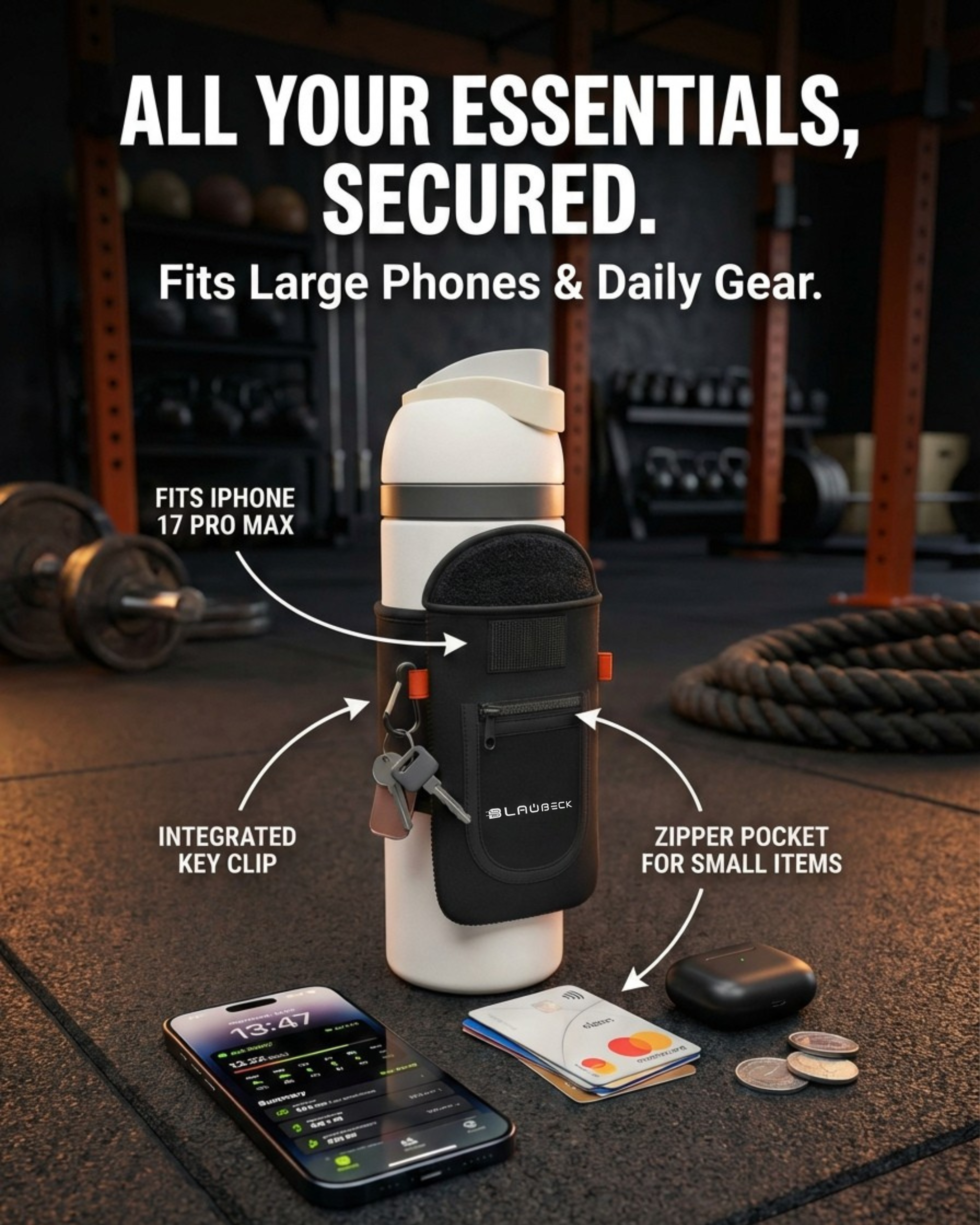 Magnetic Water Bottle Sleeve & Large Phone Holder for Gym | BLAUBECK Magnetic Bag