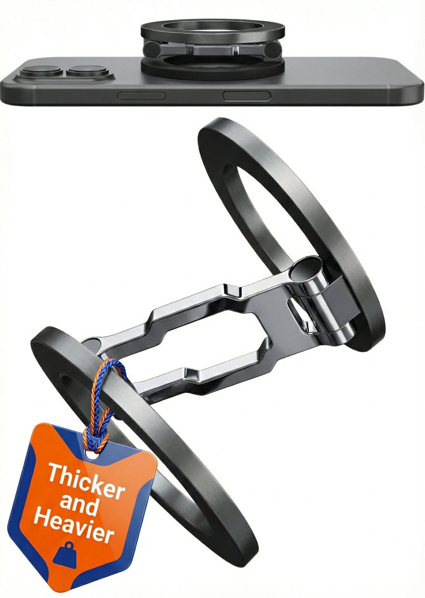 Phone ring holder with a label indicating 'Thicker and Heavier' on a white background