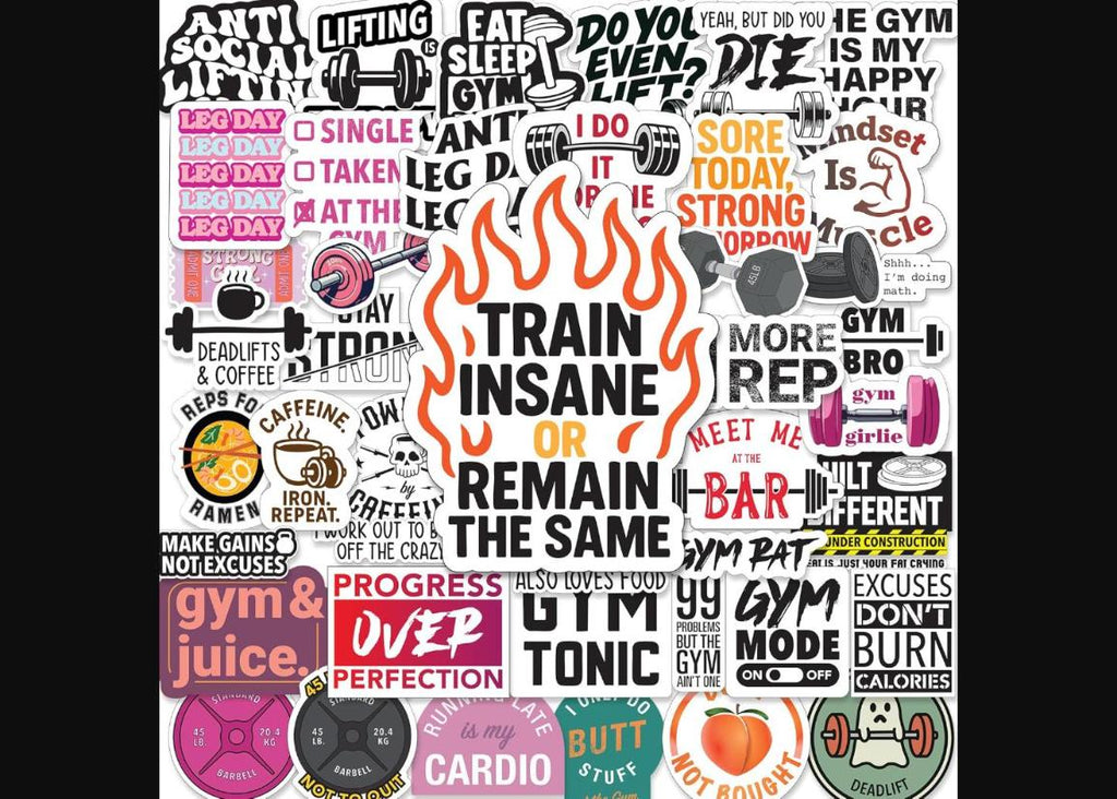 Full BLAUBECK 45-piece gym sticker collection laid flat showing all motivational, weightlifting and gym life designs
