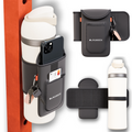 Multifunctional phone holder with water bottle holder and card pocket on a white background