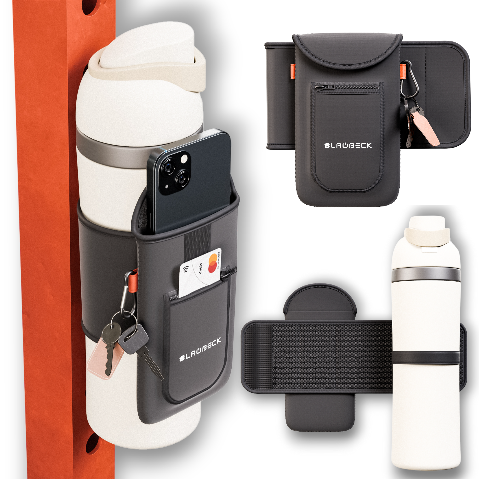 Multifunctional phone holder with water bottle holder and card pocket on a white background
