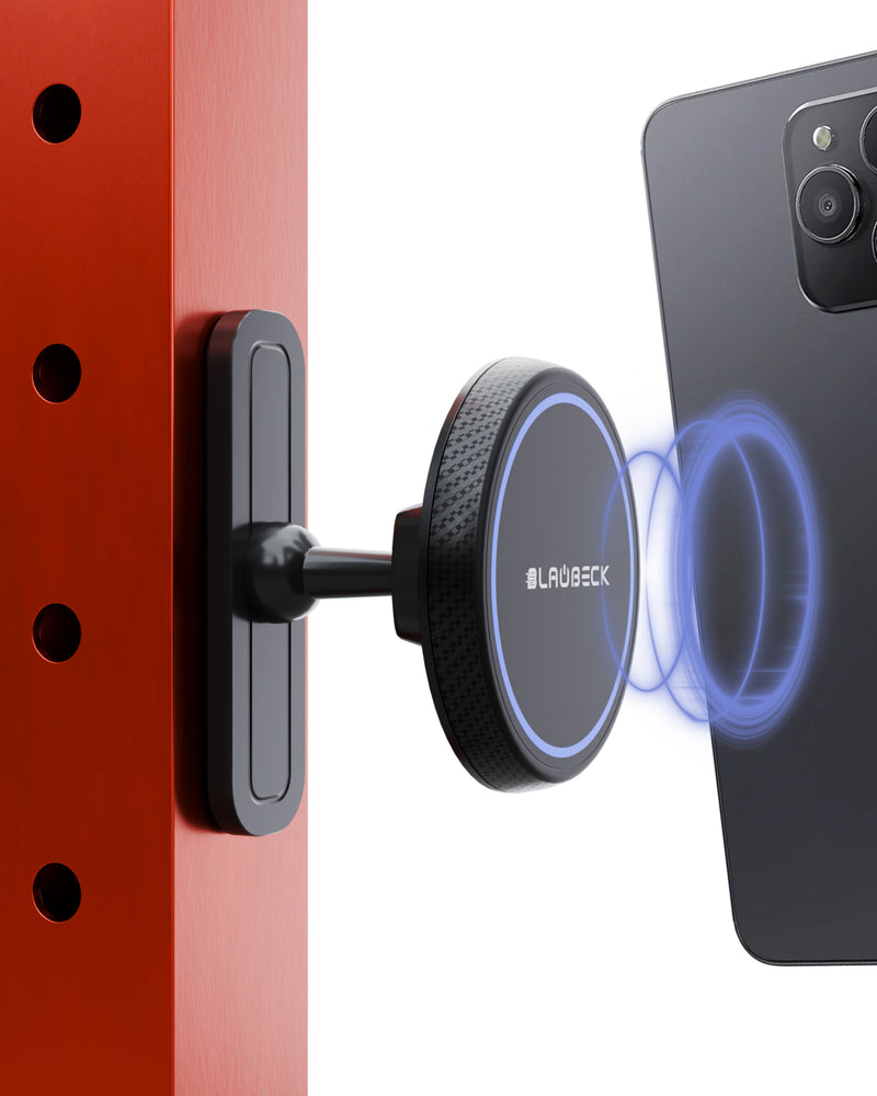 Phone holder with magnetic attraction to a phone on a white background