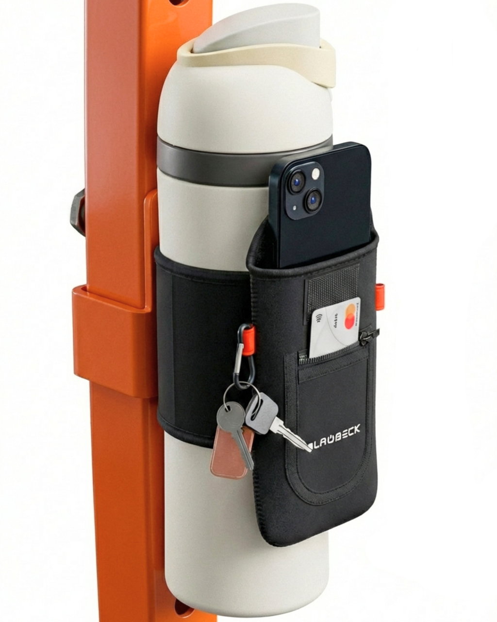 Multifunctional pouch with cup holder, phone pocket, and keychain on an orange stand.