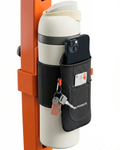 Multifunctional pouch with cup holder, phone pocket, and keychain on an orange stand.