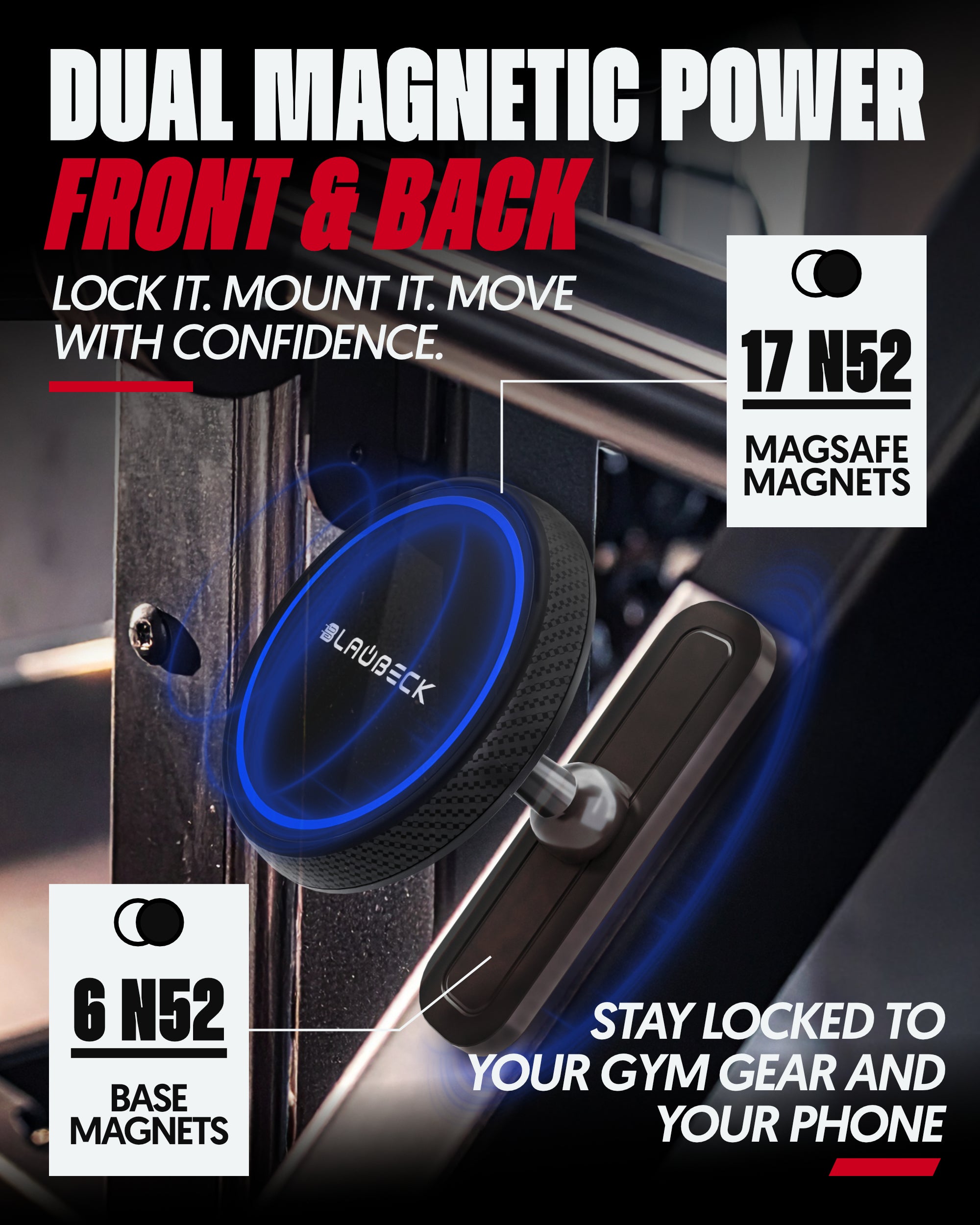 Gym equipment with a magnetic phone holder labeled 'Blaubeck' on a black background.